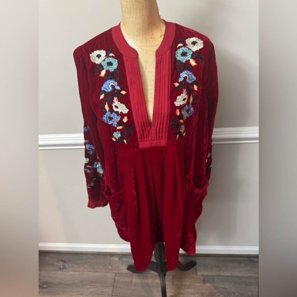 Free People Embroidered Red Velvet Tunic‎ dress S/P